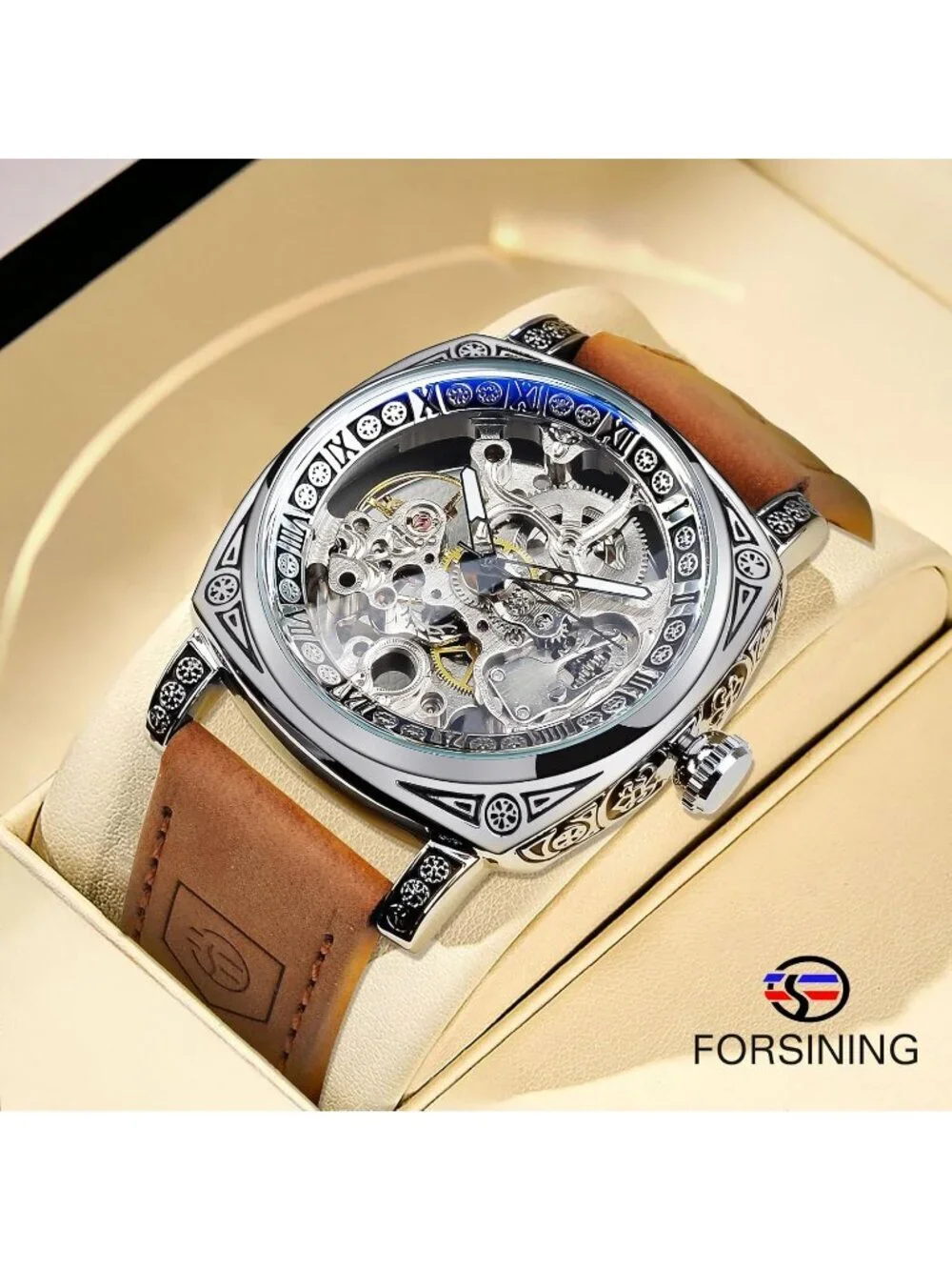 Men's Silver Brown Mechanical Leather Strap Self-Wind Carved Automatic Watch